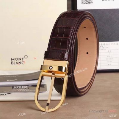 Replica Mont blanc Gold buckle with Brown Leather Belt - For Sale
